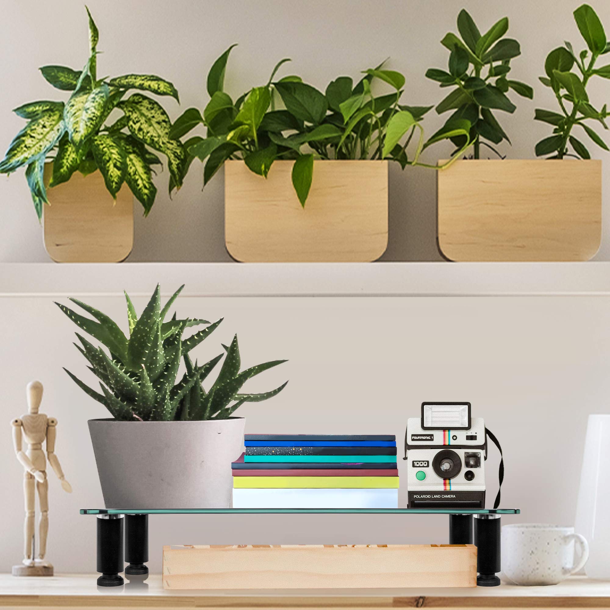 Duronic Monitor Stand Riser displaying a potted succulent, stacked books, and a vintage Polaroid camera.