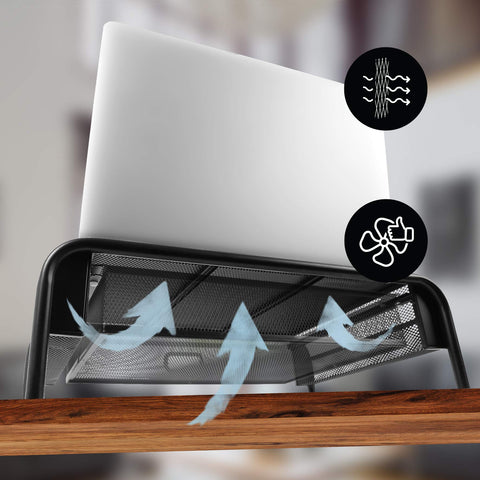 Duronic Monitor Stand Riser featuring arrows indicating improved cooling airflow.