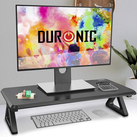 Duronic Monitor Stand Riser holding a computer screen, keyboard, and calculator underneath.