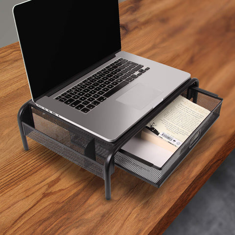 Duronic Monitor Stand Riser holding a laptop and books on a wooden desk.