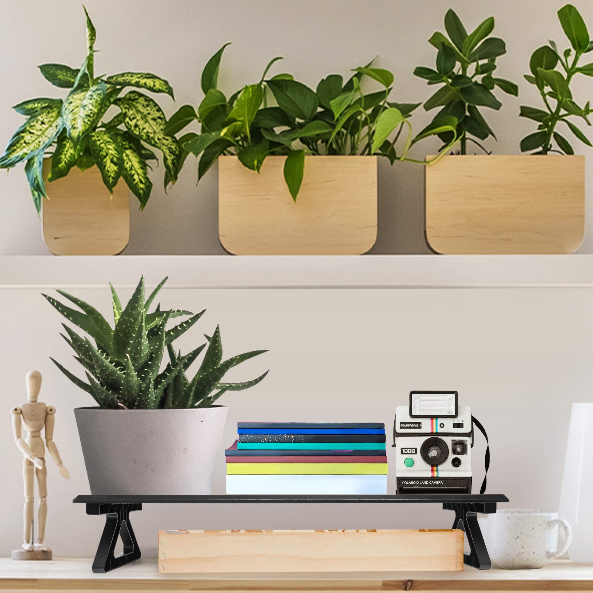 Duronic Monitor Stand Riser holding an aloe plant, stacked notebooks, and a vintage Polaroid camera.