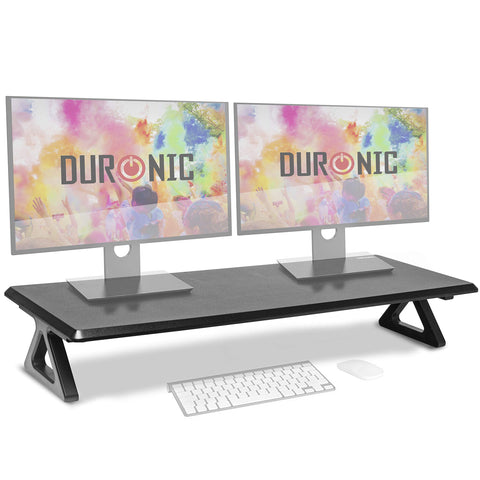 Duronic Monitor Stand Riser holding two monitors above a white keyboard.