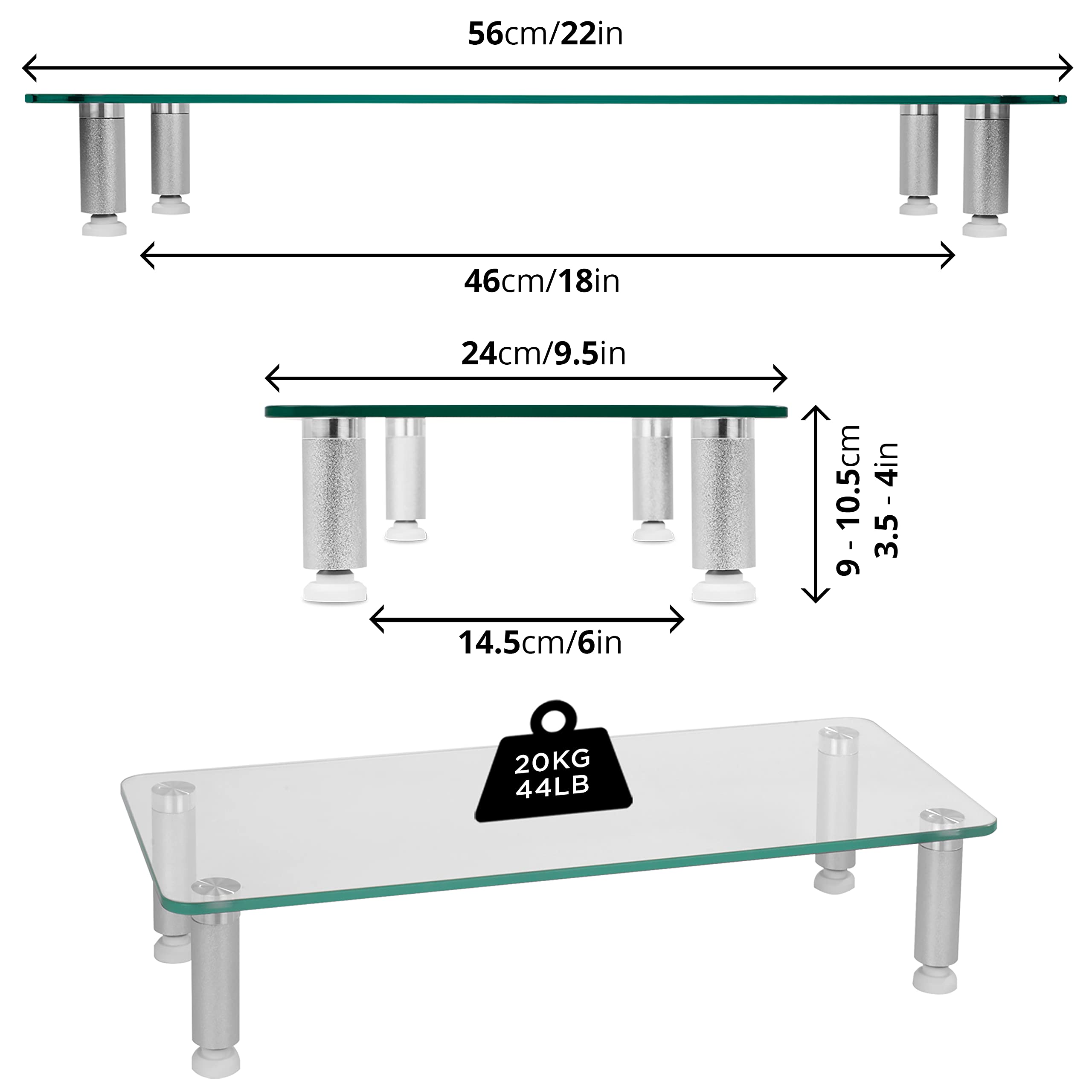 Duronic Monitor Stand Riser showing dimensions and a 20kg weight capacity