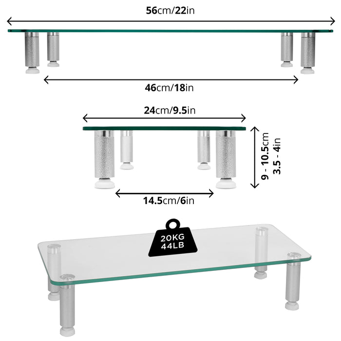 Duronic Monitor Stand Riser showing dimensions and a 20kg weight capacity