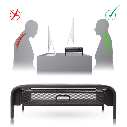 Duronic Monitor Stand Riser showing ergonomic posture improvement for neck and spinal health.