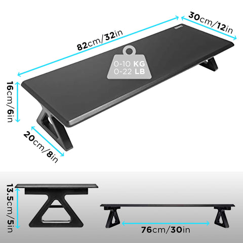 Duronic Monitor Stand Riser showing full dimensions, clearance space, and weight capacity.
