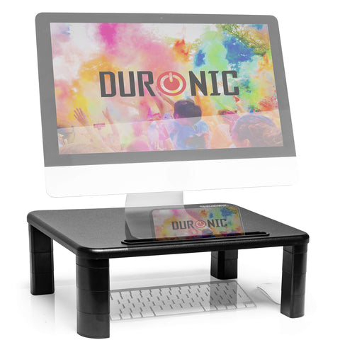 Duronic Monitor Stand Riser supporting a desktop computer with a built-in smartphone holder slot.