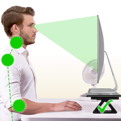 Duronic Monitor Stand Riser with a Man using a monitor stand riser to maintain correct ergonomic posture and ideal eye level.