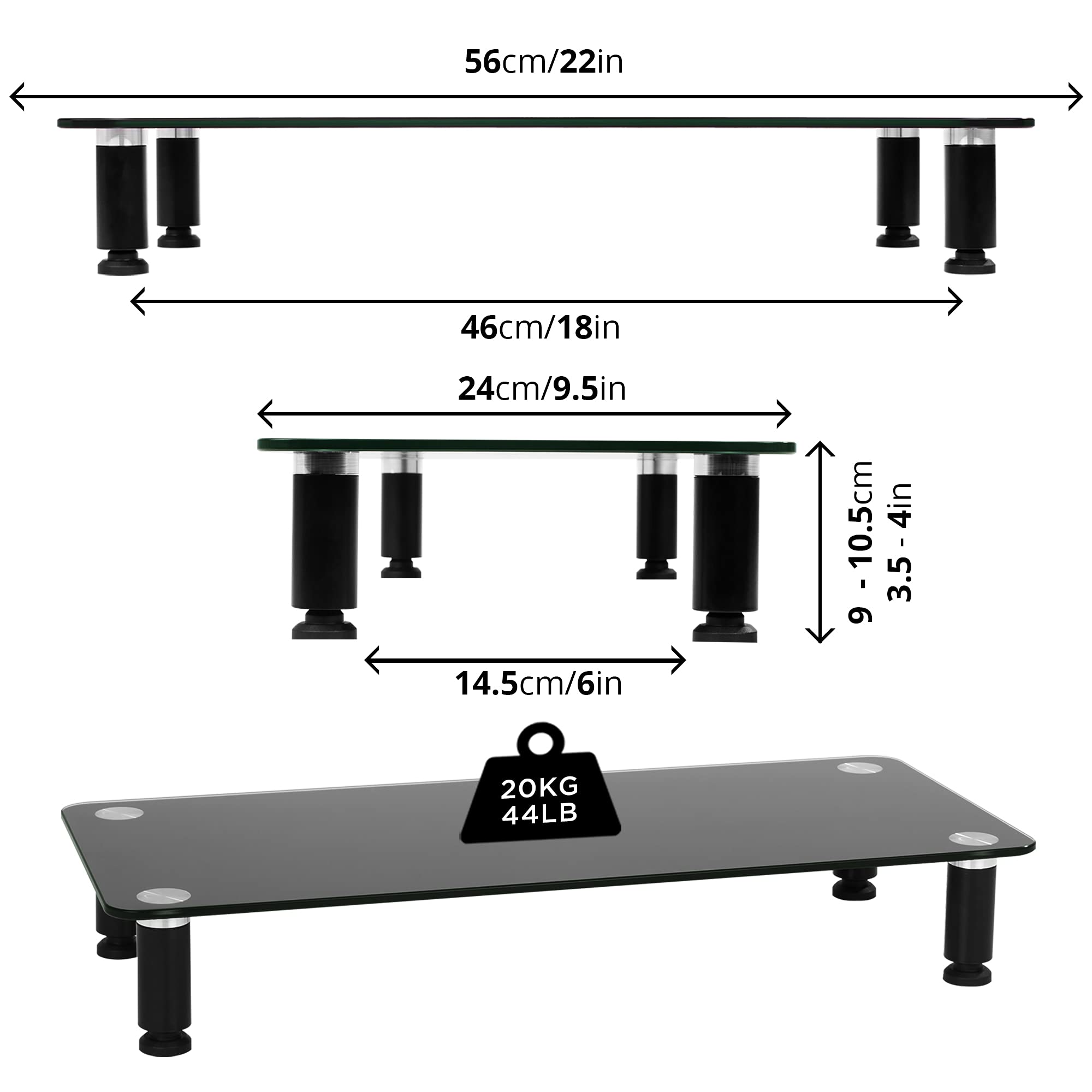 Duronic Monitor Stand Riser with adjustable legs, 56cm length, and 20kg weight capacity.