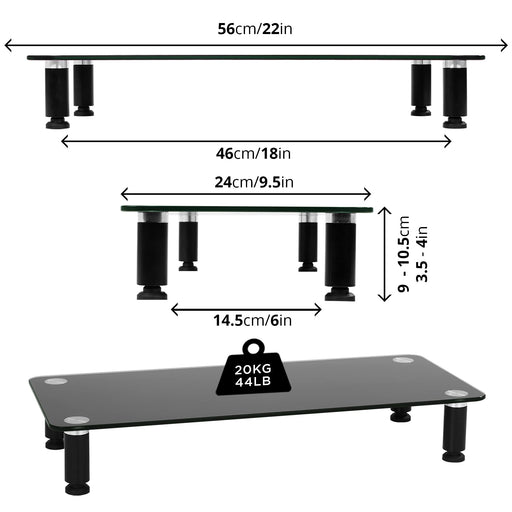 Duronic Monitor Stand Riser with adjustable legs, 56cm length, and 20kg weight capacity.