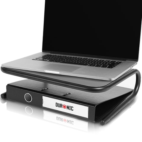 Duronic Monitor Stand Riser with an ergonomic cantilever design holding a silver laptop elevated.