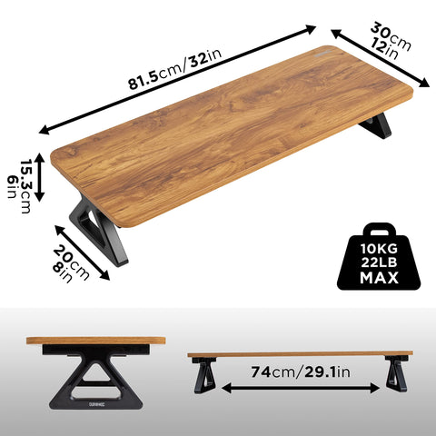 Duronic Monitor Stand Riser with black legs, 32-inch length, 22lb capacity, and detailed dimension labels.