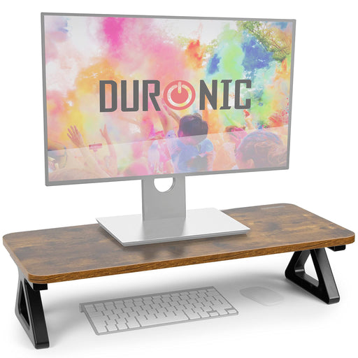 Duronic Monitor Stand Riser with black triangular legs, holding a screen above a keyboard.