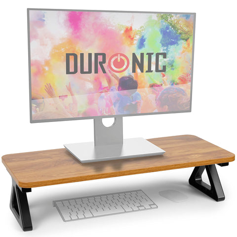 Duronic Monitor Stand Riser with black triangular legs, holding a screen over a keyboard.