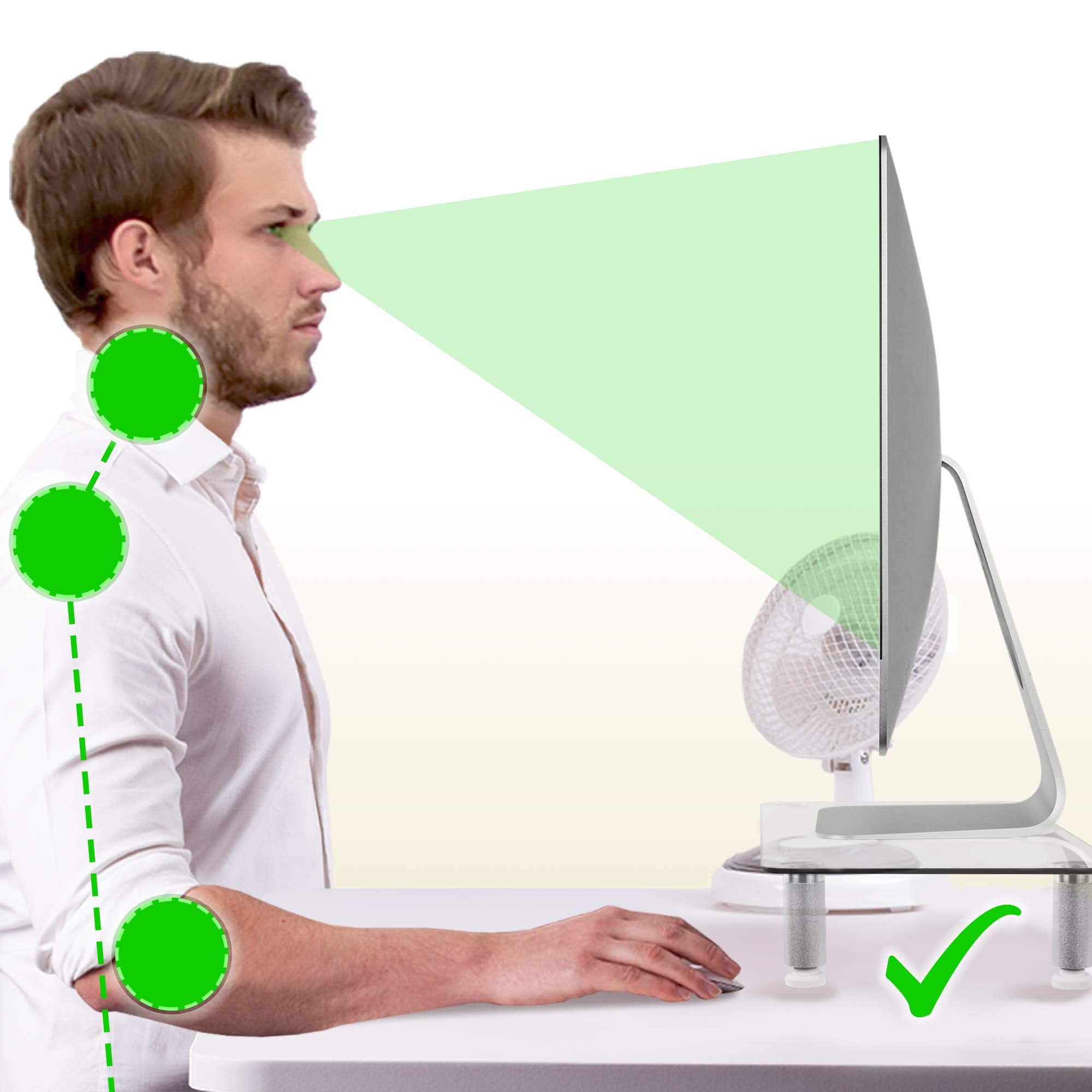 Duronic Monitor Stand Riser with correct ergonomic posture, looking at a properly elevated computer monitor.