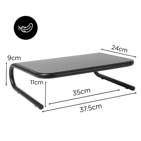 Duronic Monitor Stand Riser with curved metal legs and dimensions labeled for desktop organization.