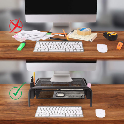 Duronic Monitor Stand Riser with drawer organizing office supplies on a wooden desk before and after.
