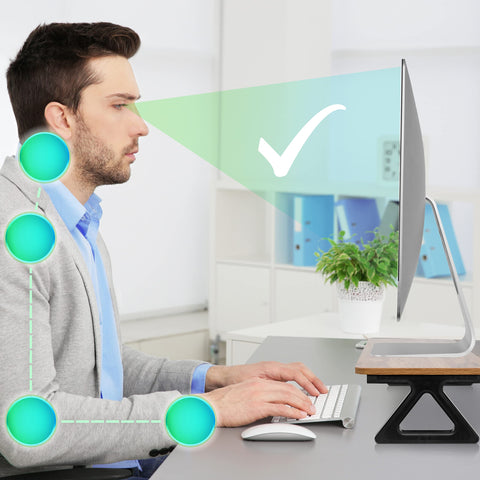 Duronic Monitor Stand Riser with man sitting with ergonomic posturs.