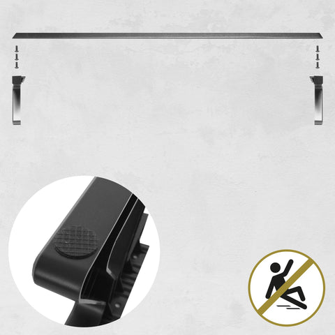 Duronic Monitor Stand Riser with screws, brackets, non-slip padding, and a safety icon.