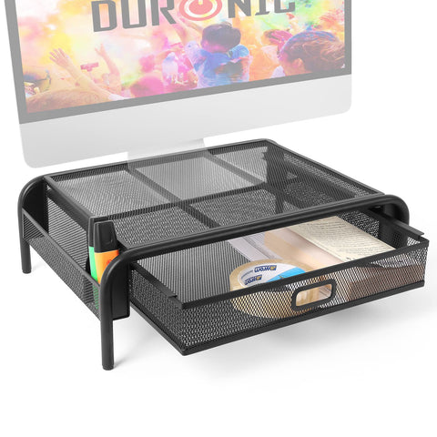 Duronic Monitor Stand Riser with sliding storage drawer and side pockets for desk organization.