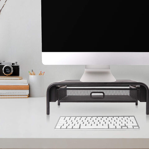 Duronic Monitor Stand Riser with storage drawer on a white desk with computer and keyboard.
