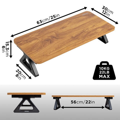 Duronic Monitor Stand Riser with wooden monitor stand riser with black legs, measuring 63cm by 30cm, 10kg max weight capacity.