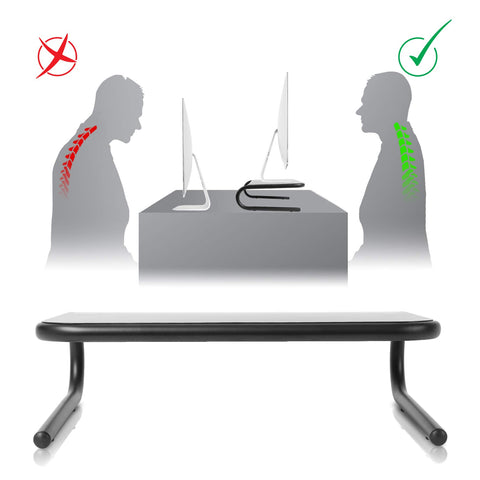 Duronic Monitor Stand Risershown correcting slumped posture to a healthy, upright sitting position for work.