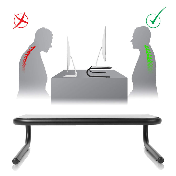 Duronic Monitor Stand Risershown correcting slumped posture to a healthy, upright sitting position for work.