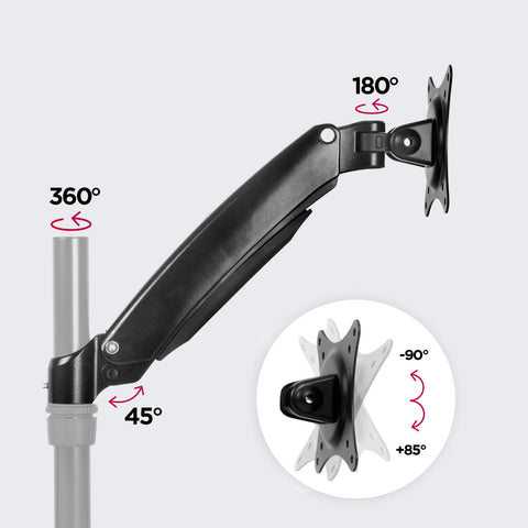 Duronic Monitor Stand Spare Arm showing 360-degree swivel, 180-degree rotation, and 85-degree tilt features.