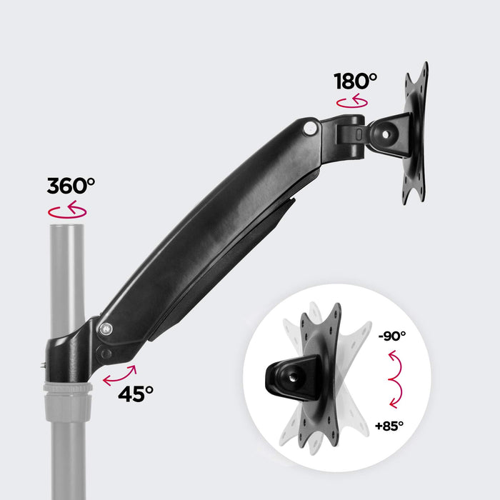 Duronic Monitor Stand Spare Arm showing 360-degree swivel, 180-degree rotation, and tilt range features.