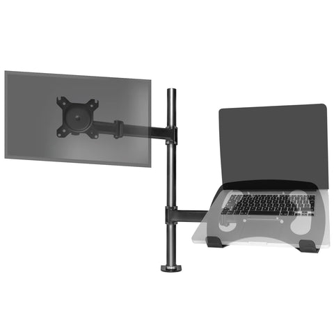 Duronic Monitor and Laptop Stand holding a transparent monitor outline and a laptop.