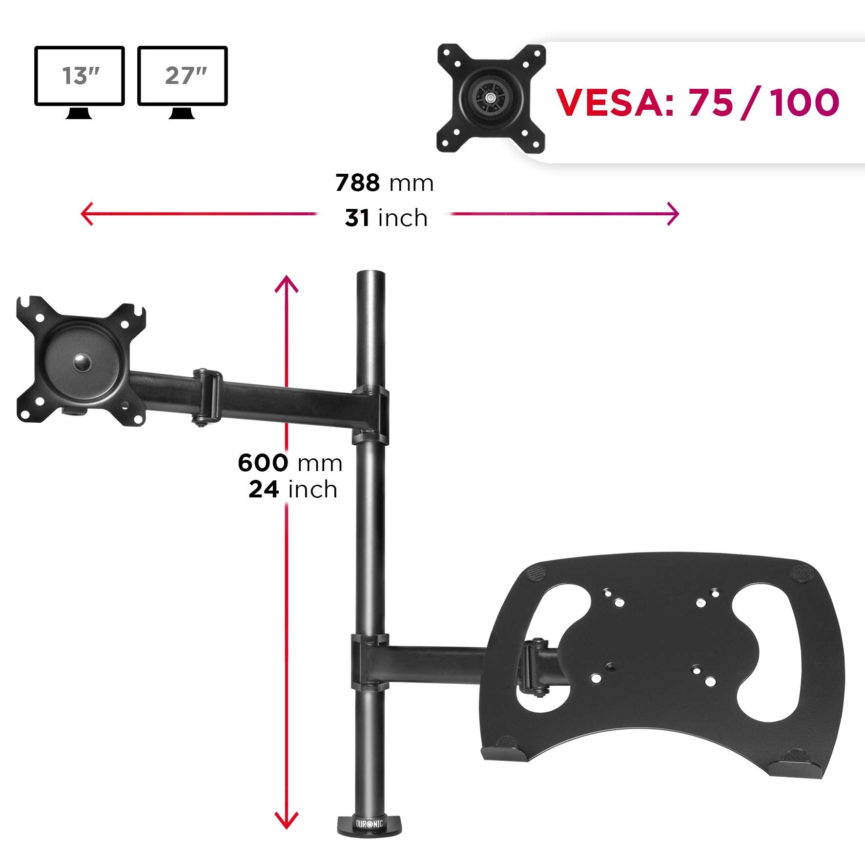 Duronic Monitor and Laptop Stand with adjustable arms, VESA compatibility, and vertical pole.