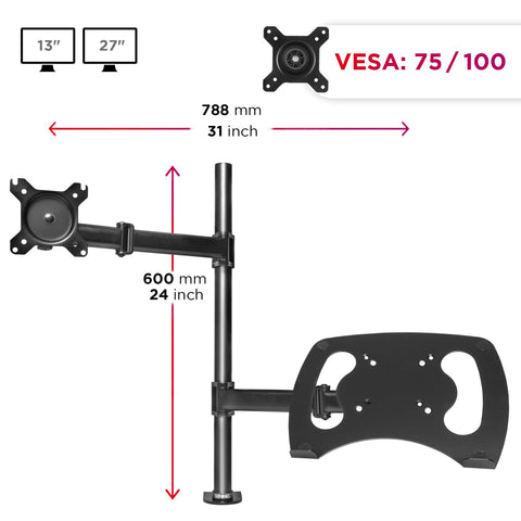 Duronic Monitor and Laptop Stand with adjustable arms, VESA compatibility, and vertical pole.
