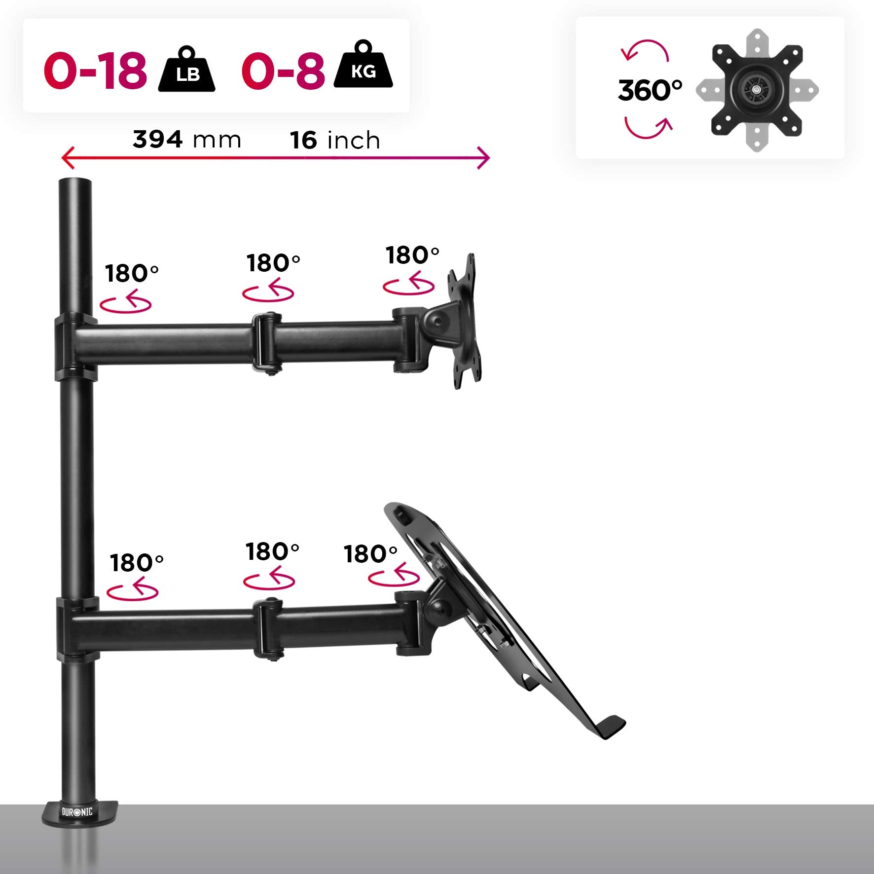 Duronic Monitor and Laptop Stand with adjustable swivel arms, extension dimensions, and weight capacity.