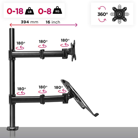 Duronic Monitor and Laptop Stand with adjustable swivel arms, extension dimensions, and weight capacity.