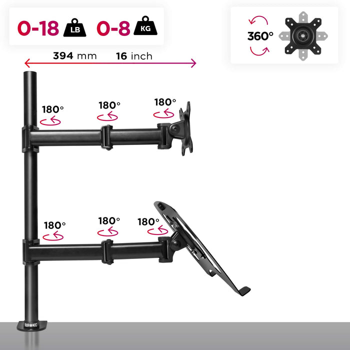 Duronic Monitor and Laptop Stand with adjustable swivel arms, extension dimensions, and weight capacity.