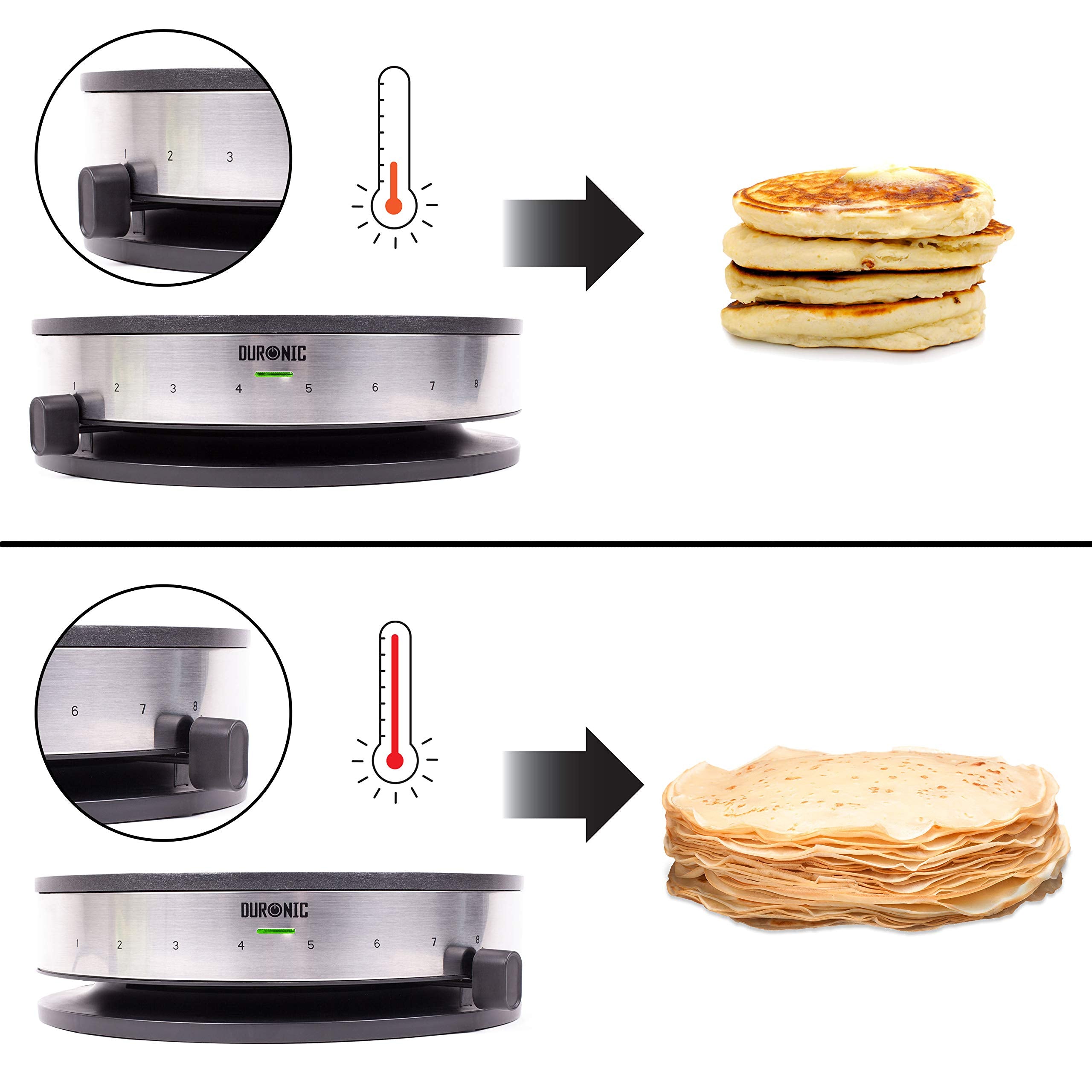Duronic PM131 electric crepe maker showing the multiple temperatures to cook different crepes and pancakes
