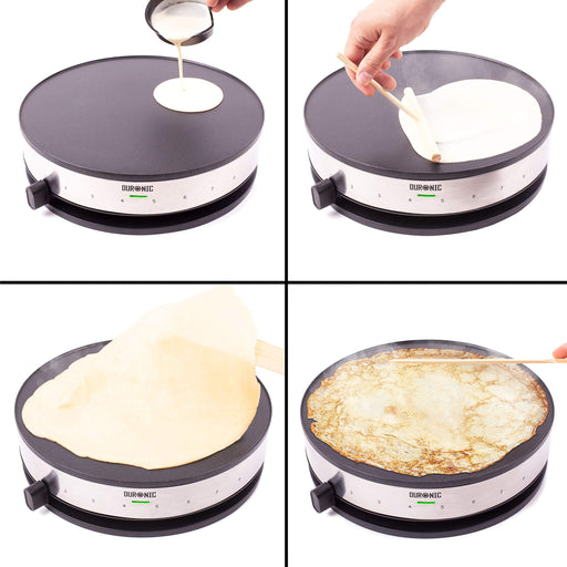 Duronic PM131 electric pancake maker showing step-by-step instructions to making delicious crepes for breakfast
