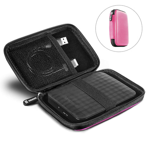 Duronic Pink Hard Drive Case containing a black portable external hard drive secured by an elastic strap and a USB cable stored in a mesh pocket.
