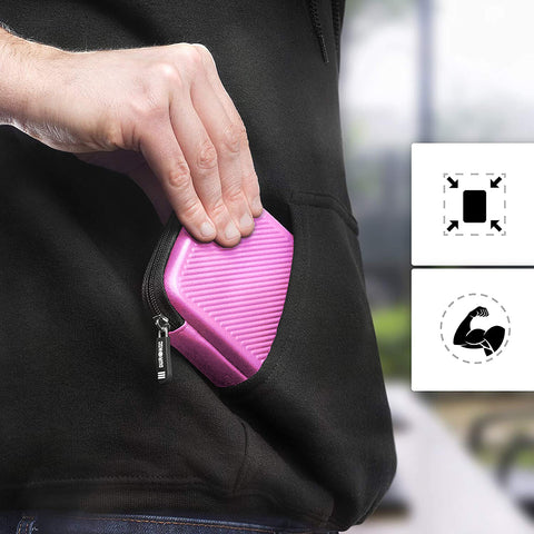Duronic Pink Hard Drive Case into a black hoodie pocket, highlighting its portable and protective design.