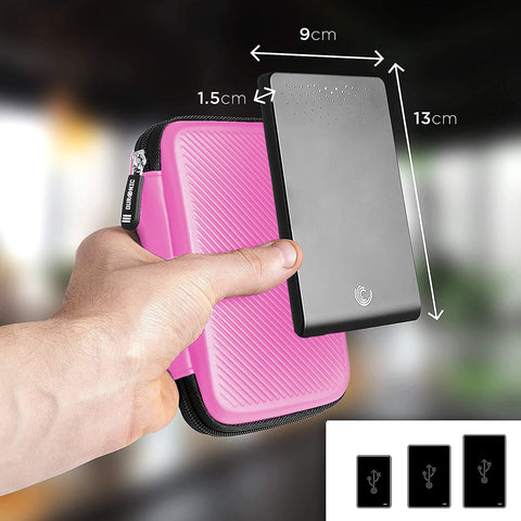 Duronic Pink Hard Drive Case next to a grey external hard drive with dimensions of 13cm by 9cm by 1.5cm shown.