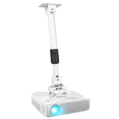 Duronic Projector Mount Stand holding an upside-down white digital projector with a glowing blue lens.