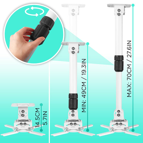 Duronic Projector Mount Stand showcasing three different height extension lengths and twist-lock mechanism.