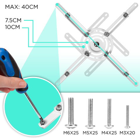 Duronic Projector Mount Stand showing adjustable arms, measurement dimensions, and included mounting hardware screws.