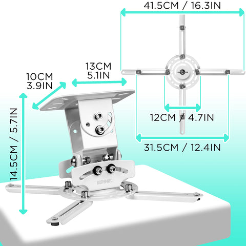 Duronic Projector Mount Stand showing detailed dimensions, tilt mechanism, and adjustable spider mounting arms.