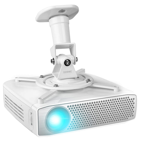 Duronic Projector Mount holding an inverted white projector with a glowing blue lens.