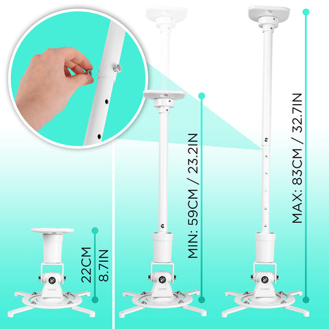Duronic Projector Mount showing flush installation, minimum 59cm extension, and maximum 83cm extension.