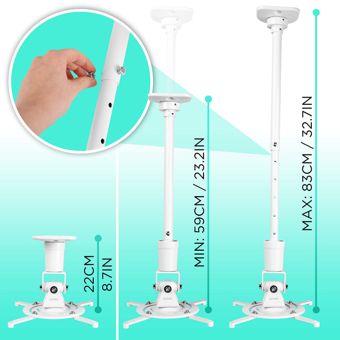 Duronic Projector Mount showing flush installation, minimum 59cm extension, and maximum 83cm extension.