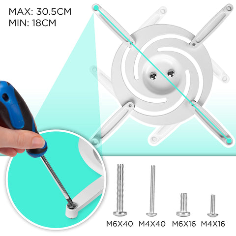 Duronic Projector Mount showing installation screws, screwdriver, and 18-30.5cm measurements.