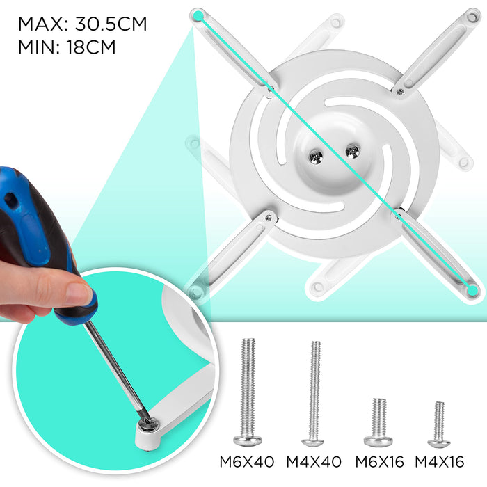 Duronic Projector Mount showing installation screws, screwdriver, and 18-30.5cm measurements.